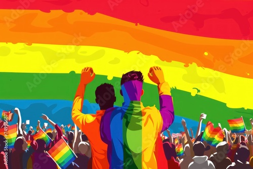 Illustration of a group of people with rainbow flag in the background. LGBT community concept. 2d illustration. LGBT Concept with Copy Space. Pride Month Concept.