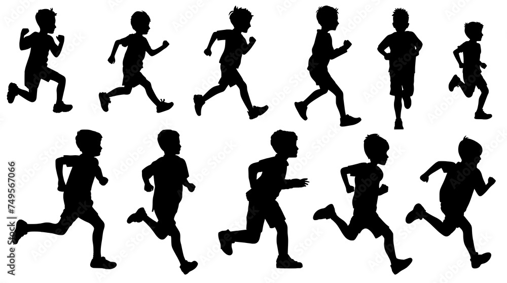 silhouettes of young, running boys isolated on a transparent background silhouettes of young, running boys isolated on a transparent background