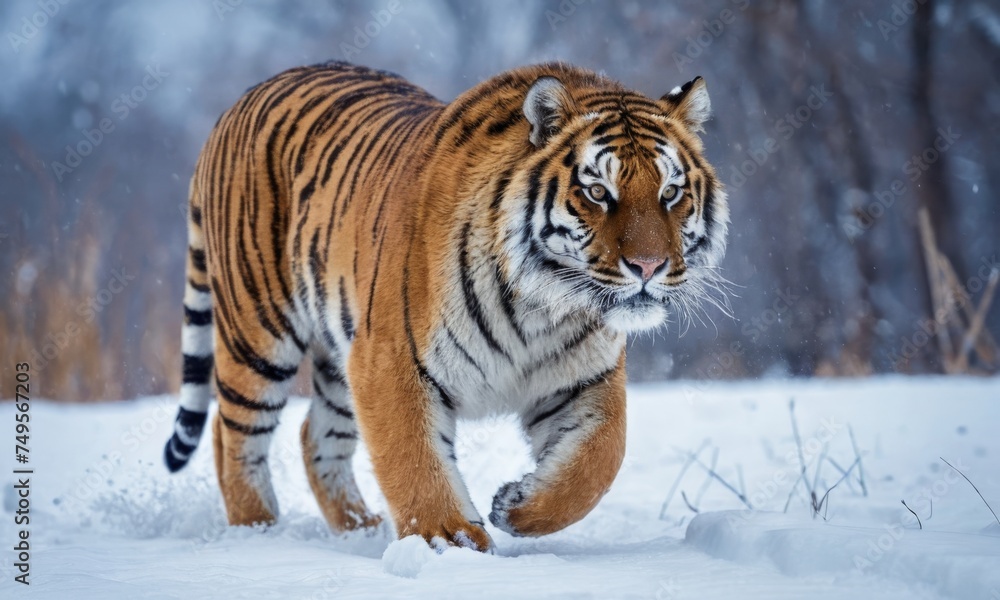Fototapeta premium A tiger is walking through the snow
