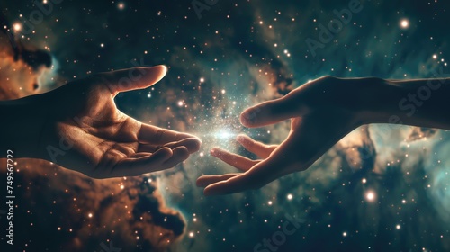 Two hands man and woman reaching out to eath other in space galaxy photo