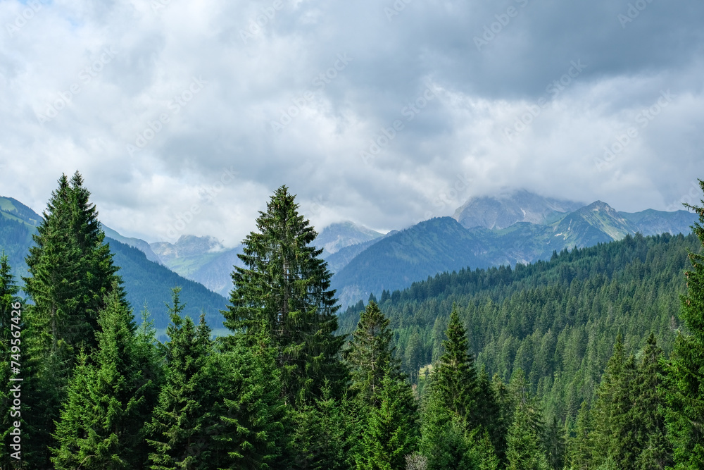 Wandern in den Allgäuer Alpen. Auf dem Weg zur Kissinger Hütte. Blick zu den wolkenverhangenen Berggipfeln und ins  Tal. 