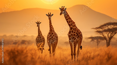 Giraffes in the African savannah. Serengeti Natio © Asmara