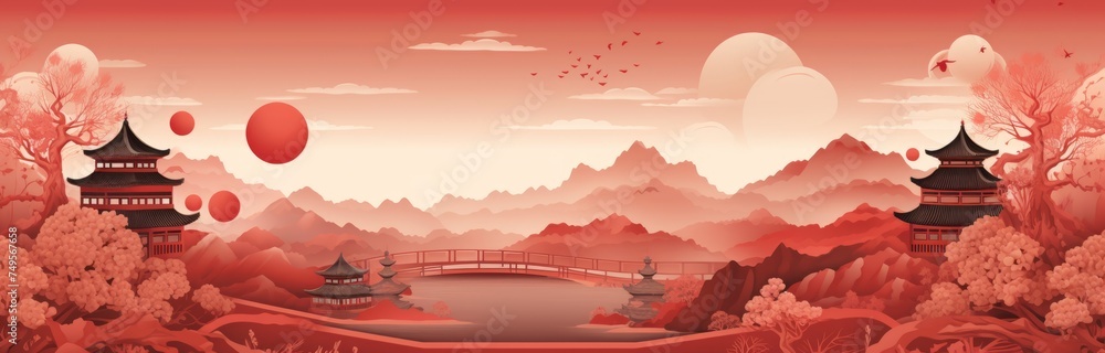chinese new year background with a red dragon, in the style of panoramic scale, minimalist illustrator, canvas texture emphasis, cabincore, commission for, handscroll