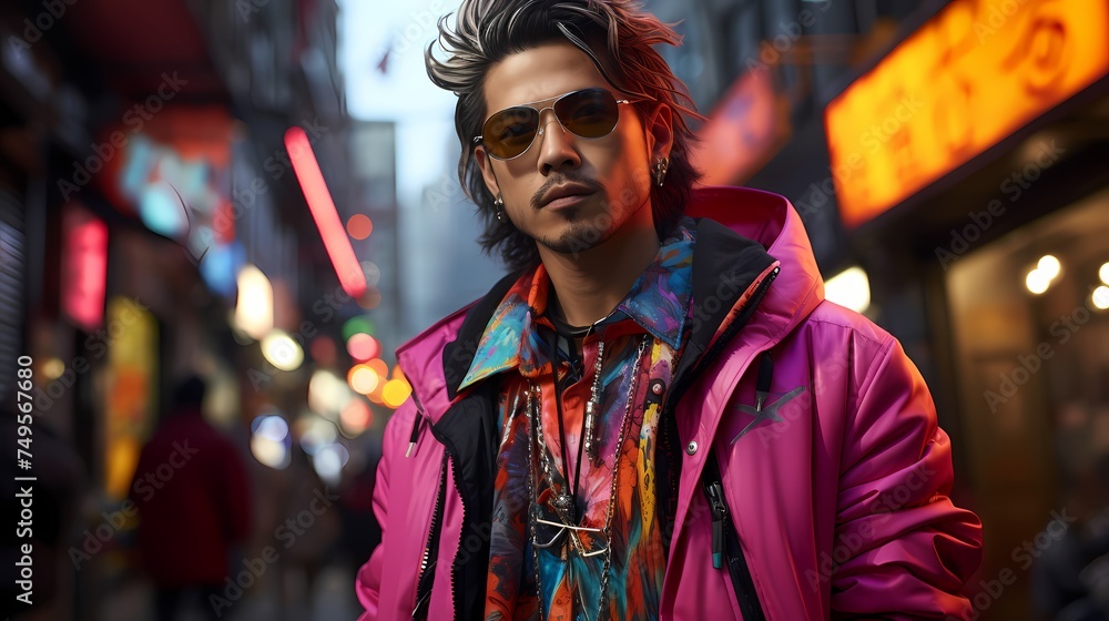 A Japanese male model striking a pose in a trendy neighborhood, donning a unique outfit with a mix of bright neon colors, with the image captured in high definition
