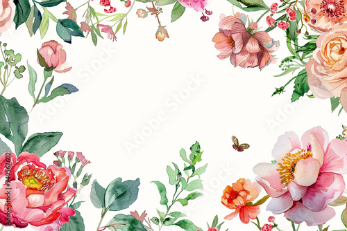 Elegant watercolor floral border featuring blooming roses, green foliage, and delicate butterflies.