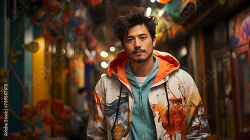 A Japanese male model striking a confident pose against a graffiti-covered alley, captured by a handheld HD camera, showcasing his impeccable fashion taste and urban attitude