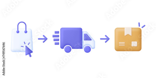 3D Steps of delivery services illustration. Receive order in pick up point. E-commerce business concept