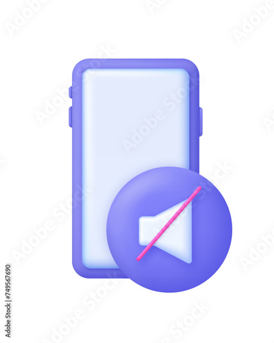 3D Silent phone icon. Silent mode of smartphone. Silence or sound switch