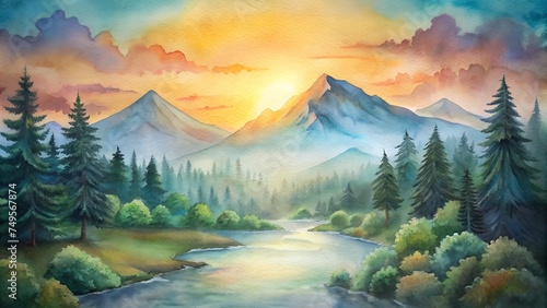 sunset in the mountains, watercolor illustration
