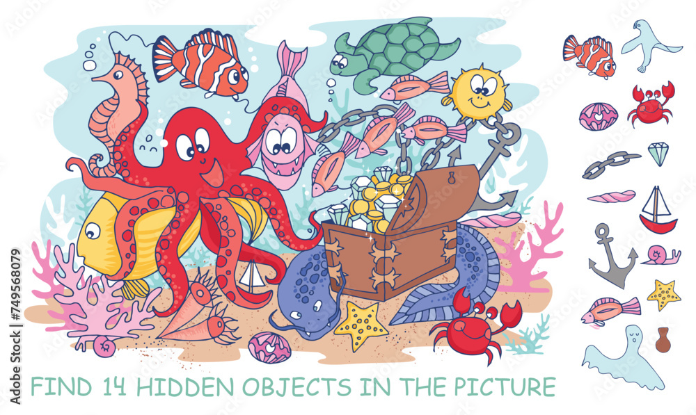 Find hidden objects in the picture. Underwater world. Marine animals and fish life. Hidden object puzzle game. Vector illustration of funny cartoon characters Find hidden objects in the picture. Underwater world. Marine animals and fish life. Hidden object puzzle game. Vector illustration of funny cartoon characters