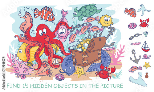 Find hidden objects in the picture. Underwater world. Marine animals and fish life. Hidden object puzzle game. Vector illustration of funny cartoon characters