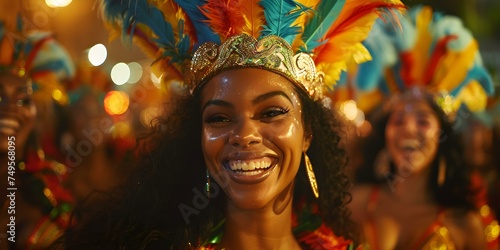 Women celebrate at colorful Brazilian Carnival parade with lively dance performance. Concept Brazilian Carnival, Women Celebration, Colorful Parade, Lively Dance, Festive Atmosphere