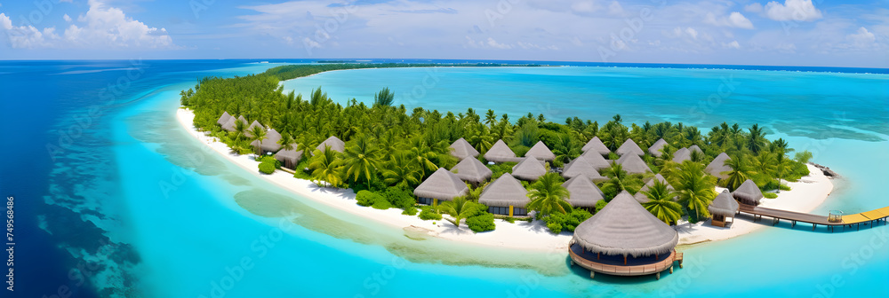 Aerial View of Serene Tropical Island Resort, Crystal Clear Sea & Overwater Bungalows
