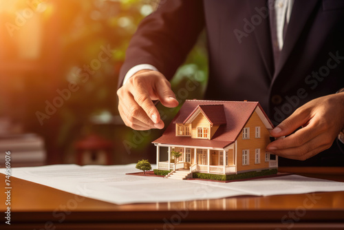 Hands adjusting a miniature house model on documents, symbolizing real estate management or sale with a warm tone.