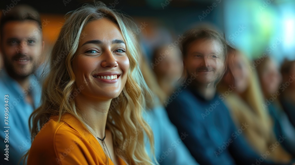 Diverse Audience Enjoying a Presentation, radiant young woman in the foreground smiles engagingly, surrounded by an attentive audience, capturing the positivity and diversity of a group in a corporate Diverse Audience Enjoying a Presentation, radiant young woman in the foreground smiles engagingly, surrounded by an attentive audience, capturing the positivity and diversity of a group in a corporate