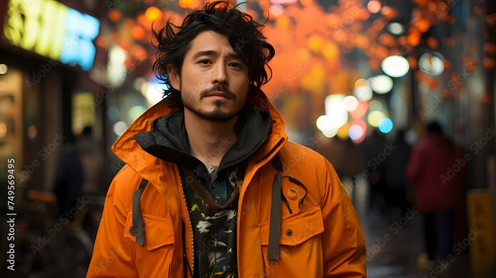 A Japanese male model walking along a vibrant street, captured by a handheld HD camera, with the focus on his effortlessly cool demeanor and eye-catching fashion choices
