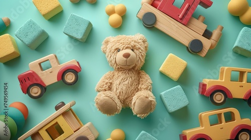 Colorful Assortment of Children's Toys and Teddy Bear, array of vibrant, educational wooden toys and soft, cuddly teddy bear laid out on a turquoise background, capturing the joy photo