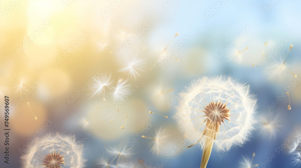 Abstract blurred nature background dandelion seeds parachute