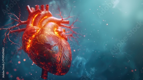 Illuminated Human Heart Anatomy, highly detailed visualization of a human heart, showcased with a glow to emphasize its complex network of arteries and veins, set against a dark, ethereal backdrop