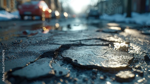 Winter Road Potholes and Urban Decay, Close-up of potholes on a winter road, reflecting the struggles of urban infrastructure, with blurred cars and cityscape in the backdrop photo