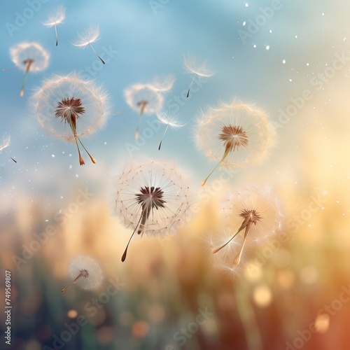 Abstract blurred nature background dandelion seeds parachute