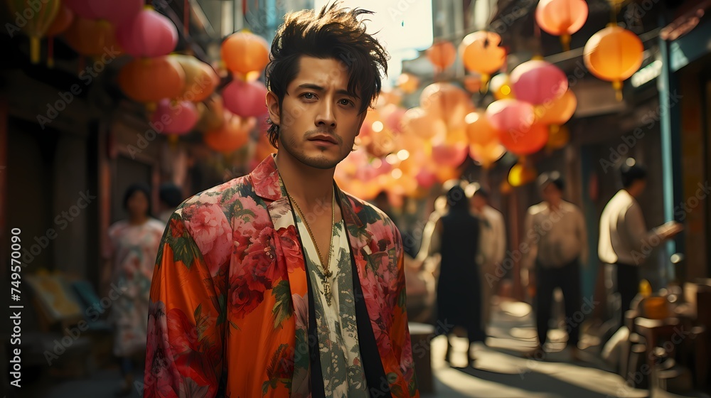 A Japanese male model walking along a bustling Tokyo street, dressed in a vibrant ensemble featuring a mix of colors inspired by traditional Japanese motifs, photographed in stunning HD quality