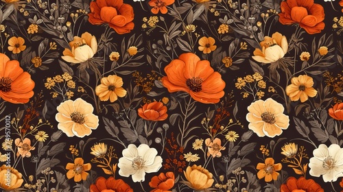 Autumn feminine seamless pattern with wildflowers in orange and brown tones