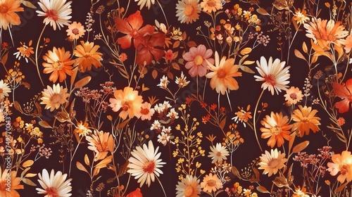 Autumn feminine seamless pattern with wildflowers in orange and brown tones