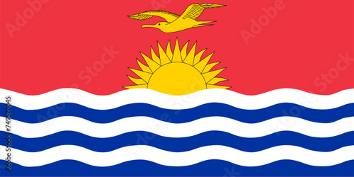 Close-up of red, yellow, blue and white national flag of Oceanian country of Kiribati with seagull, sun and waves. Illustration made March 2nd, 2024, Zurich, Switzerland.