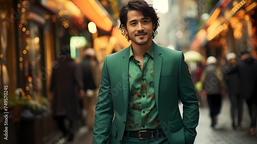 A Japanese male model walking through a lively shopping district, dressed in a bold green suit with pops of colorful accessories, photographed in stunning HD quality photo