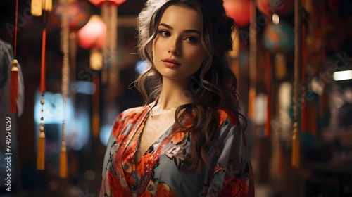 A Japanese model walking through a traditional market, dressed in a colorful yukata with intricate floral patterns, photographed in stunning HD quality