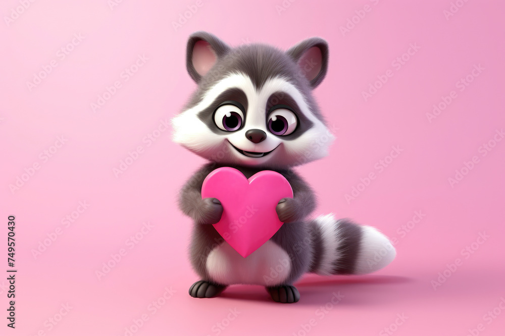 Adorable cartoon raccoon holding a pink heart, with a soft pink background, symbolizing love and affection.