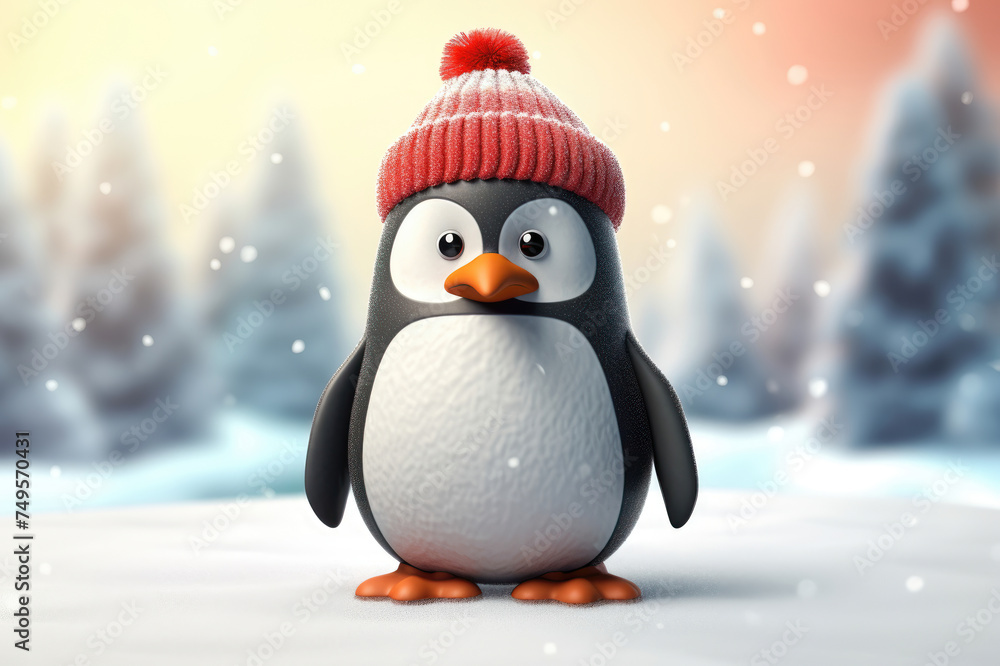 Obraz premium Adorable cartoon penguin in a striped winter hat standing against a soft-focus snowy forest backdrop, embodying the spirit of a cozy, snowy day.