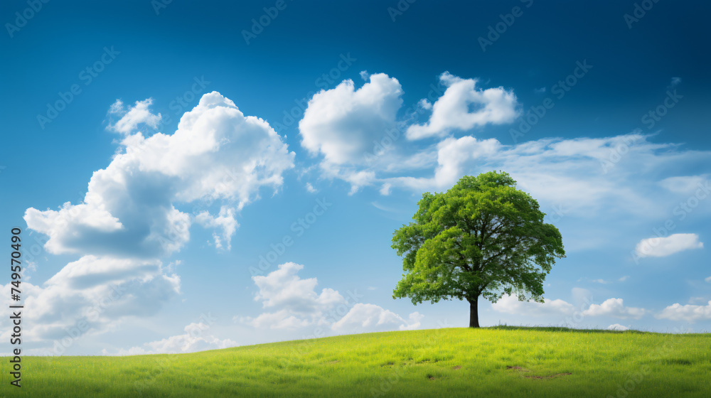 Single tree on grass against blue sky with clouds