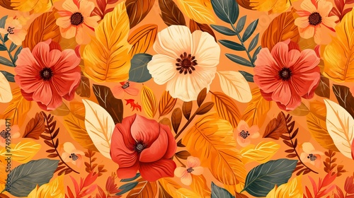 Beautiful autumn floral seamless pattern in warm orange color