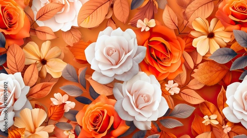 Beautiful autumn floral seamless pattern in warm orange color