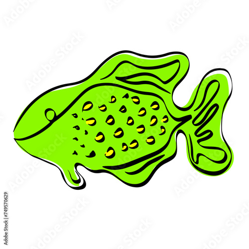 Spotted exotic fish on a white background, green fish with yellow spots. Oceanic inhabitant, predator. Abstract vector illustration, stock image, isolated.