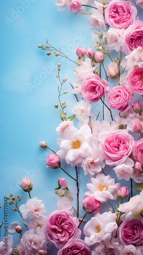 Beautiful spring border  blooming rose bush on a blue background