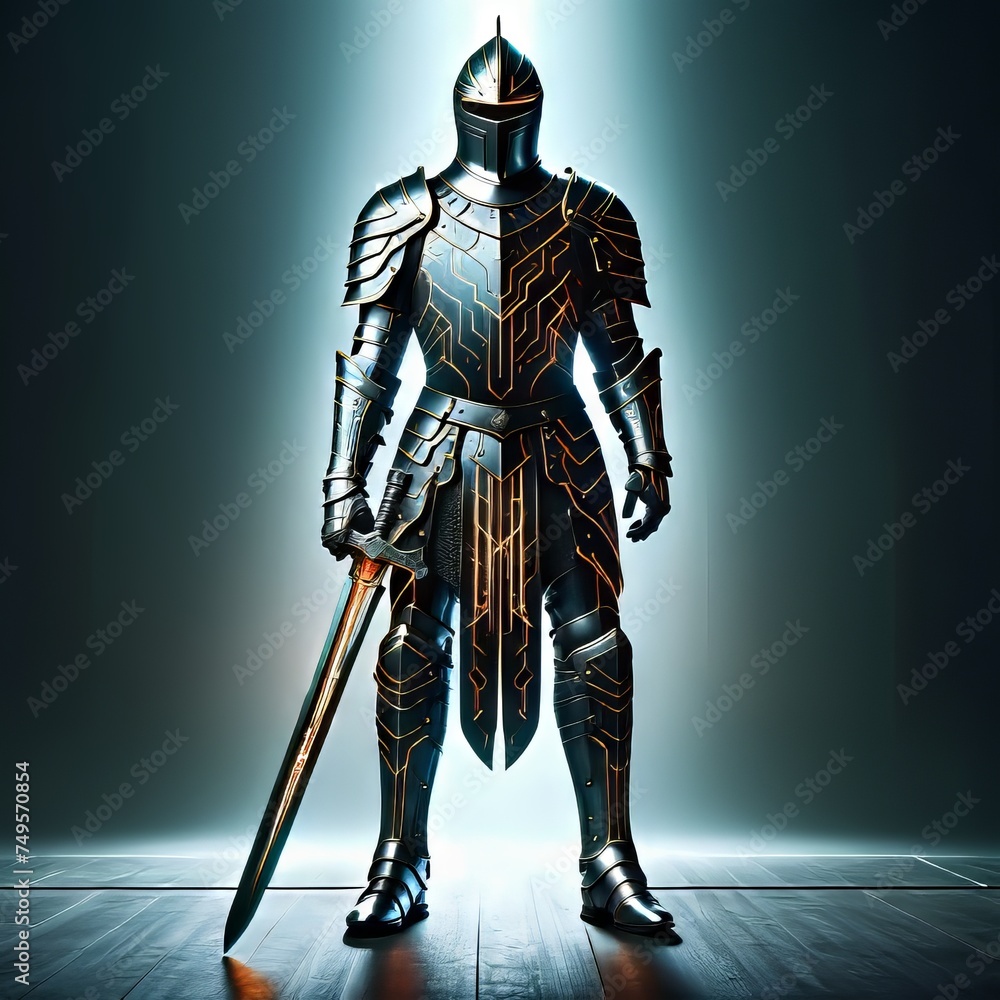 A futuristic knight with circuit armour defending your it and network 