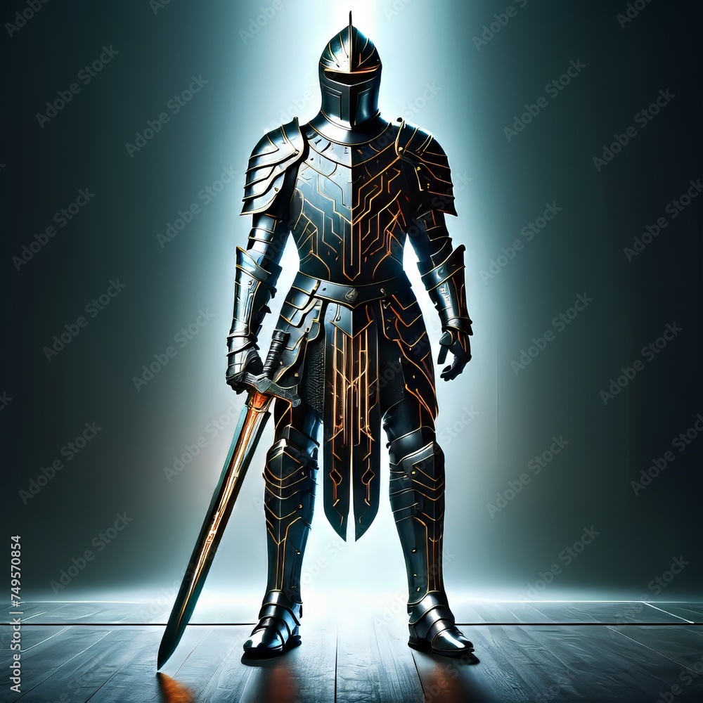 Obraz premium A futuristic knight with circuit armour defending your it and network 