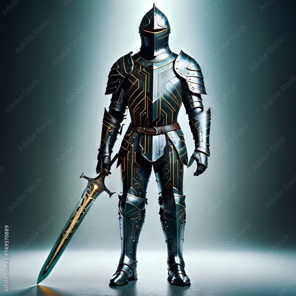A futuristic knight with circuit armour defending your it and network A futuristic knight with circuit armour defending your it and network