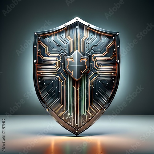 Shield with circuit pattern glowing and reflecting | Perferct for illustrating data protection photo