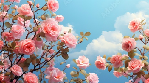 Beautiful spring border  blooming rose bush on a blue background