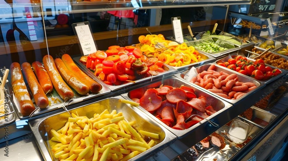 A display of typical fast-food options in Germany, including the tempting currywurst, is a popular choice for a quick lunch in the city. A display of typical fast-food options in Germany, including the tempting currywurst, is a popular choice for a quick lunch in the city.