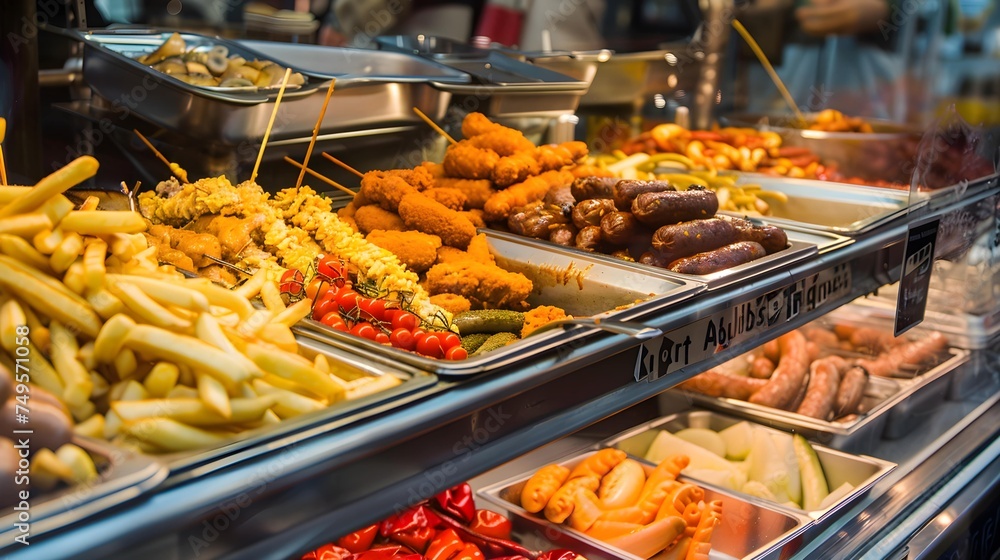 A display of typical fast-food options in Germany, including the tempting currywurst, is a popular choice for a quick lunch in the city. 