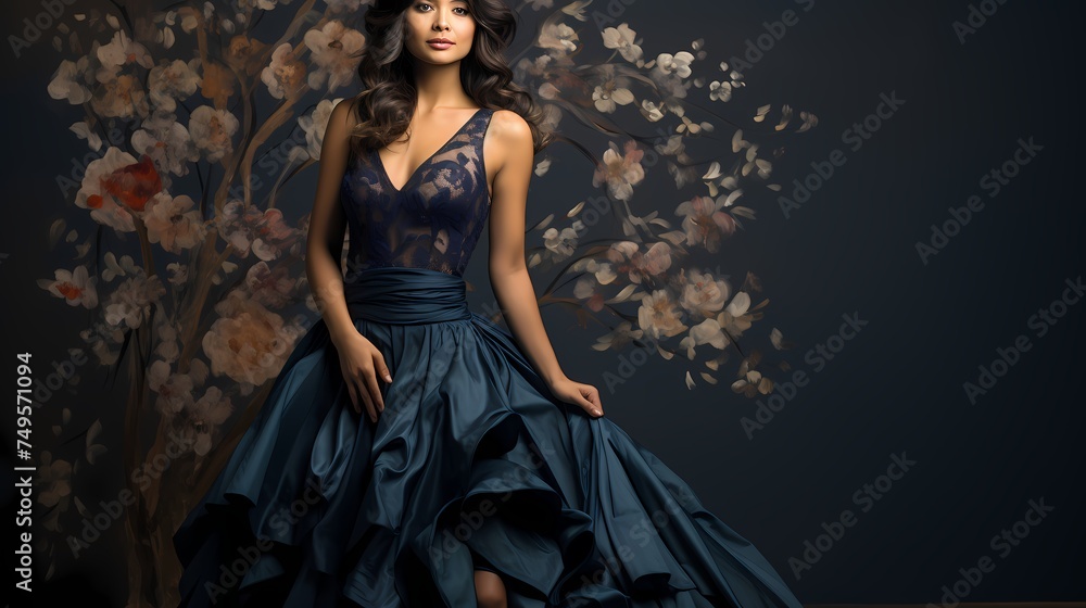 A model in an elegant gown, standing with confidence, bathed in soft studio light against a deep indigo background