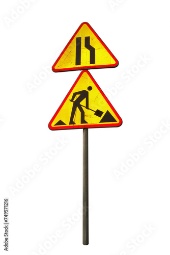 Damaged used road signs , road works are underway and road narrowing - right , A-12b isolated on white background