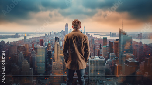 man in a coat watching a modern city skyline in a cloudy day  giving dystopian vibes