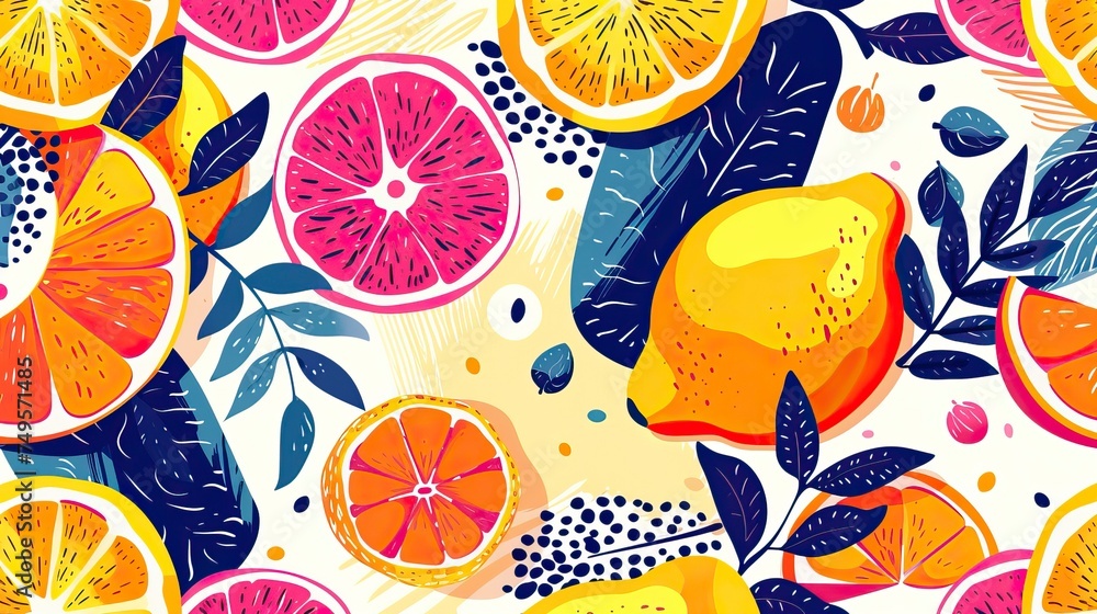 Bright, juicy seamless pattern of abstract shapes, fruits, citrus lemons, oranges and anans. Bright modern colors of tropical background Bright, juicy seamless pattern of abstract shapes, fruits, citrus lemons, oranges and anans. Bright modern colors of tropical background