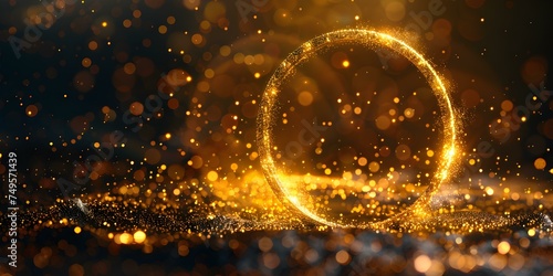 Sparkling gold circle with light glitter and sparkles on black background. Concept Glittering Gold Circle, Shimmering Sparkles, Black Background
